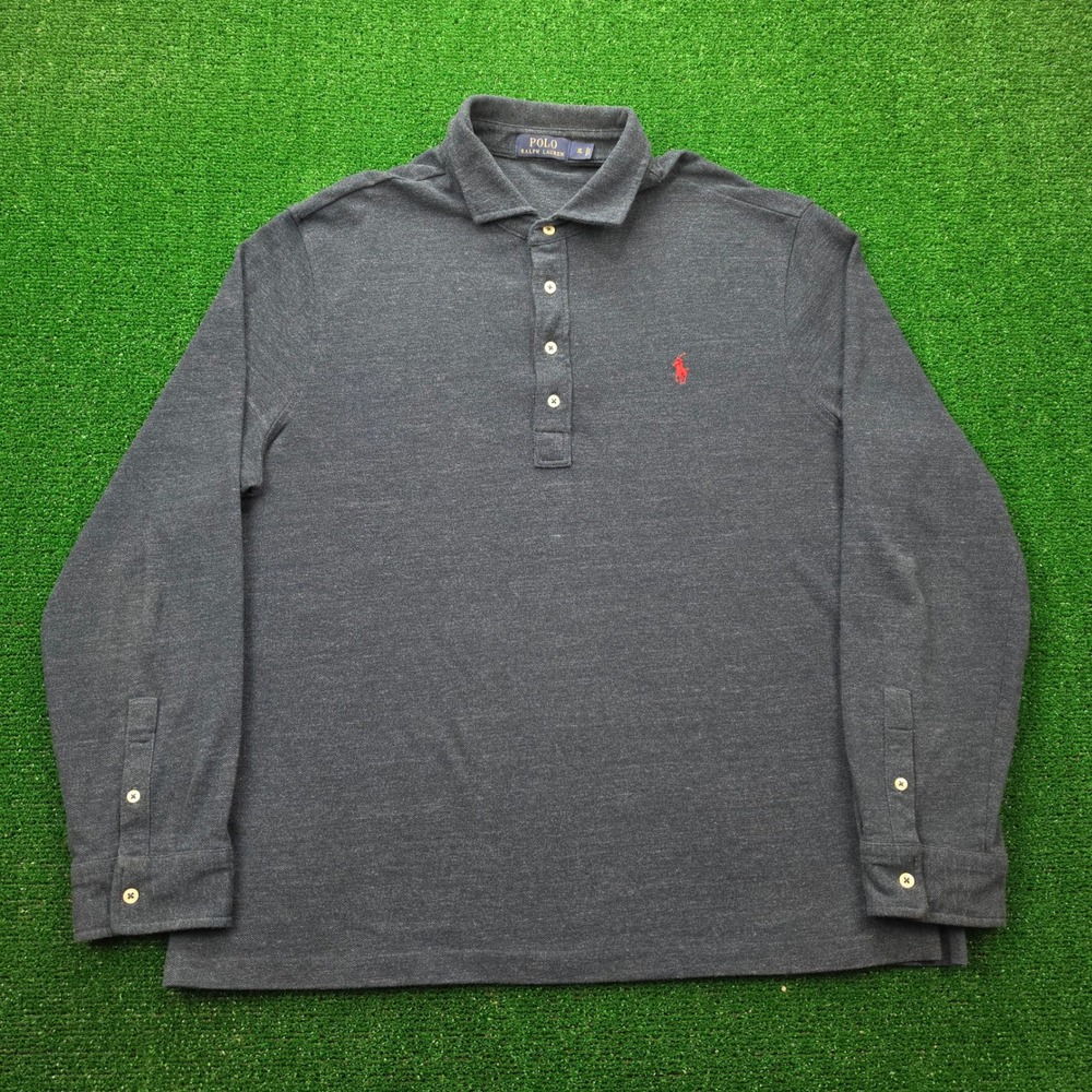 Polo Ralph Lauren Pique Polo Shirt Mens XL Blue Gray Long Sleeve Cotton Preppy